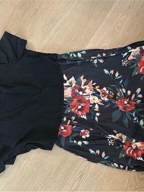 Nursing Black Floral Fit-and-Flare Dress with Red Blooms